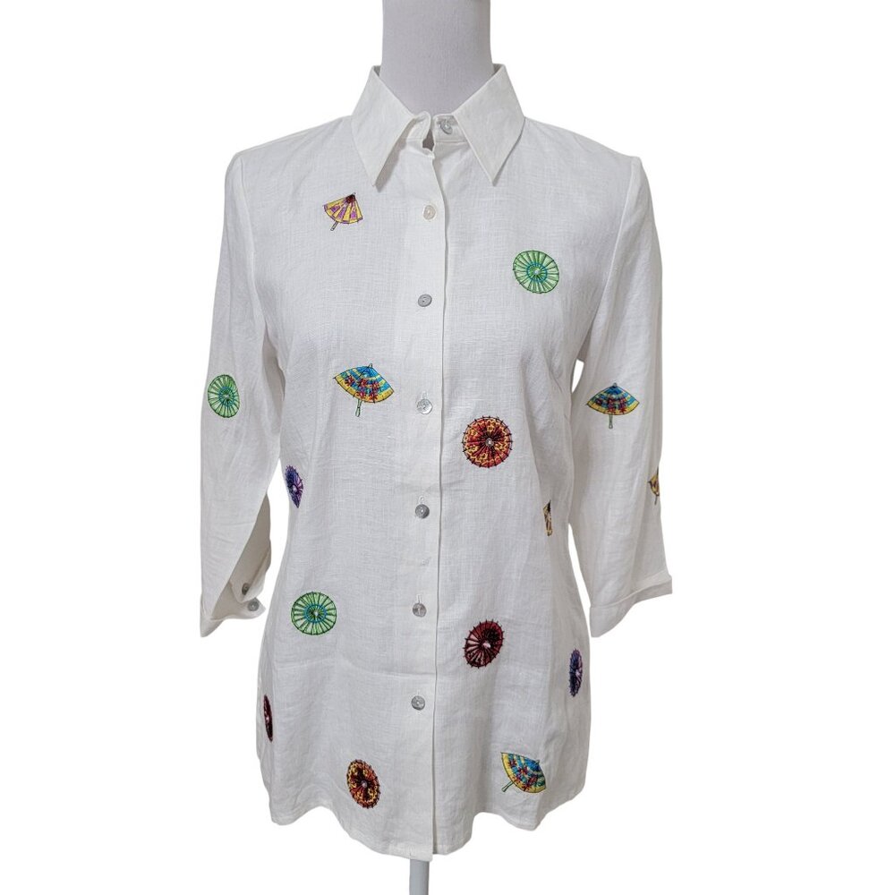 Richard Malcolm Vintage White Irish Linen Parasol Embroidered Button Front Shirt